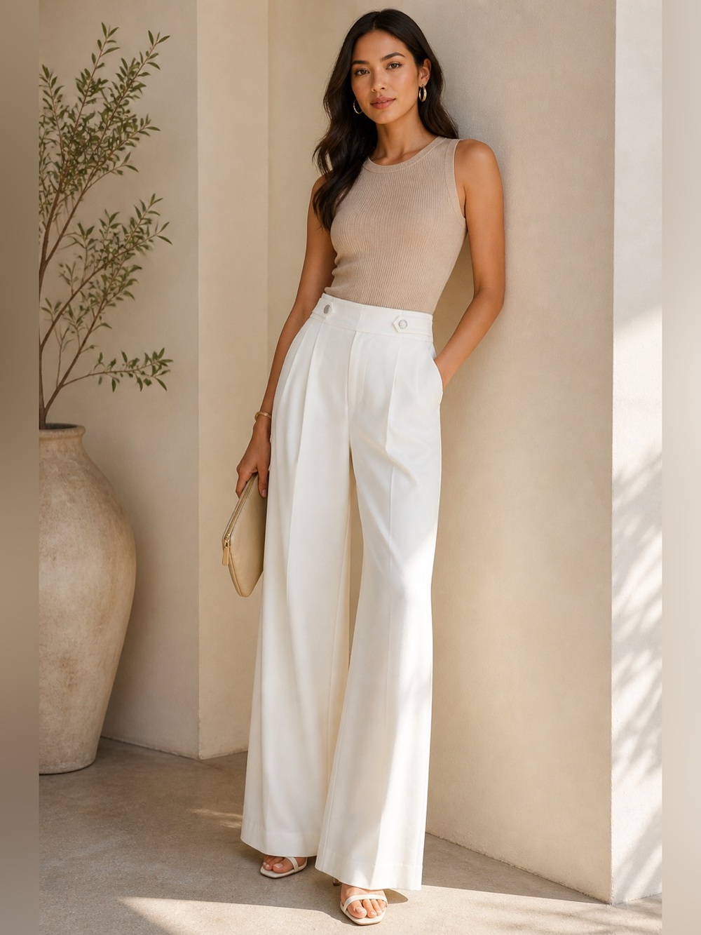 Elie Tahari Cream Wide Leg Pants High Rise Pleated Button Tab Trouser 4 NWT - Picture 1 of 11